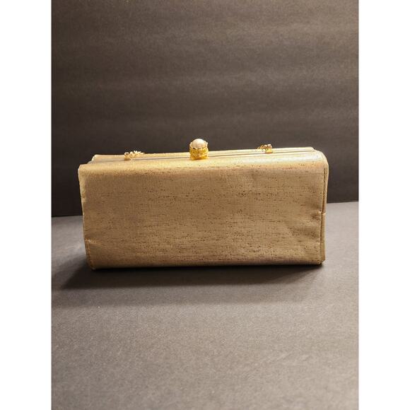 MIDCENTURY Vtg 50s 60s Gold Lame Evening Bag Framed Attached Chain Special Event - Picture 6 of 11